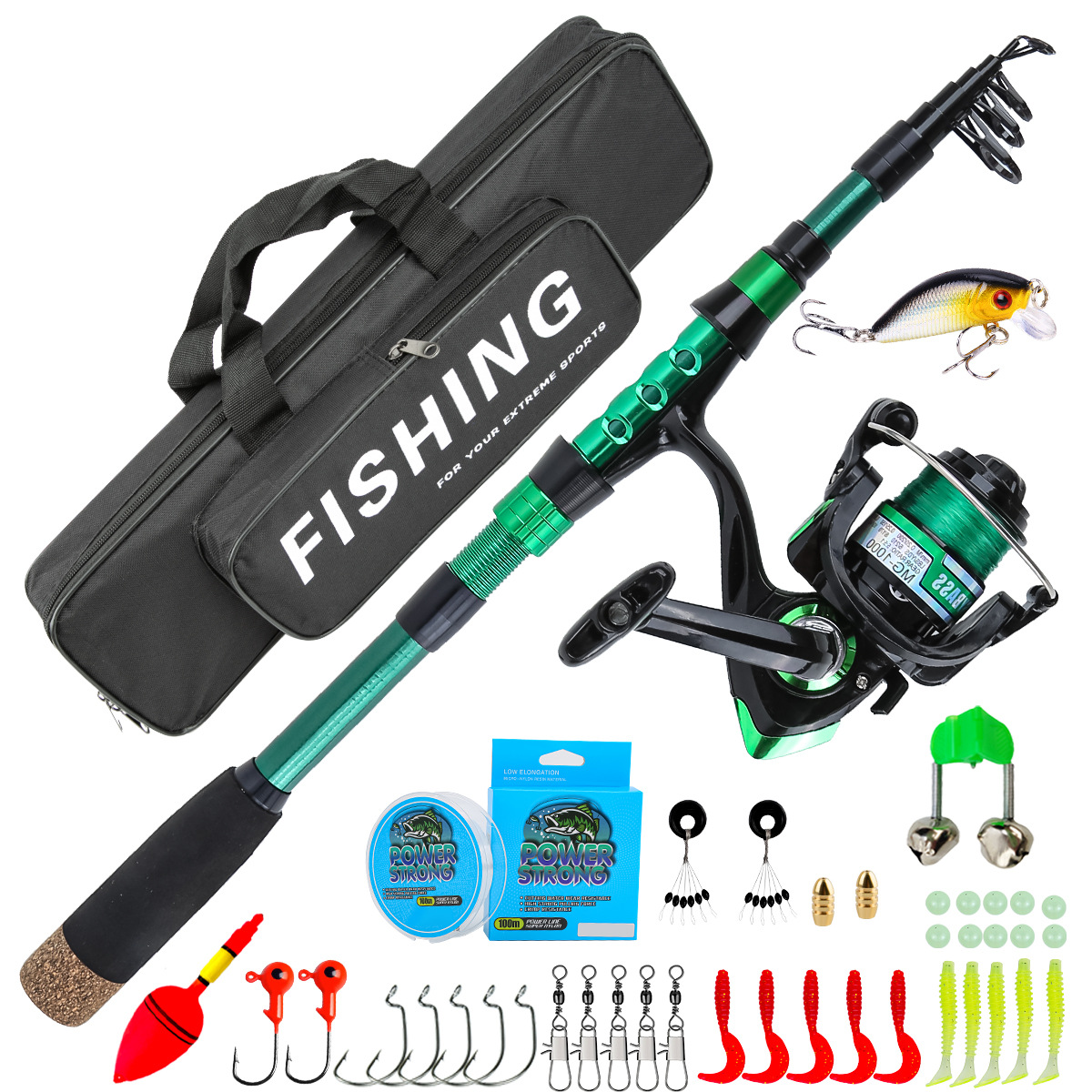 Fishing Line Box - ชุดคันเบ็ดตกปลาทะเลแบบยืดหดได้ คาร์บอนไฟเบอร์สีเขียว 1.8 เมตร พร้อมอุปกรณ์ตกปลาครบชุดในกล่องเก็บของ