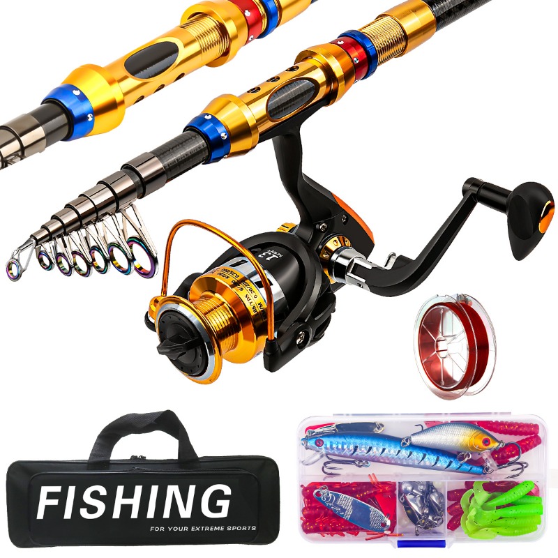 Freshwater Line - ชุดคันเบ็ดตกปลาแบบพกพาพร้อมรอก ทำจากคาร์บอนไฟเบอร์ พร้อมเหยื่อจำลองและกระเป๋าใส่ สำหรับตกปลาในน้ำจืดและน้ำเค็ม